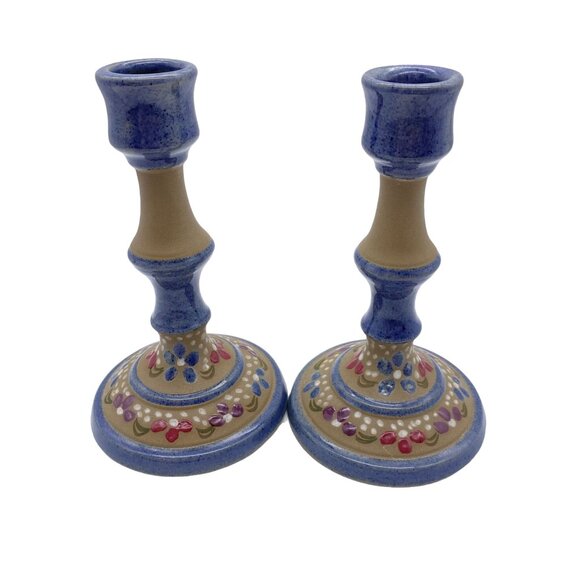 Studio Pottery Taper candlestick holders stoneware Signed Ballard country chic - Picture 7 of 11